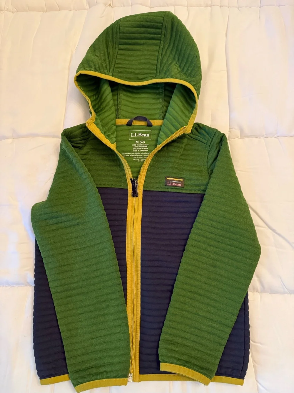 L.L. Bean Green & Navy Hooded Quilted Zip Jacket with Yellow Trim
